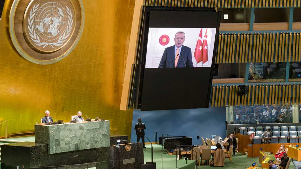 Turkish President Recep Tayyip Erdogan speaks via videolink during the 75th annual UN General Assembly on September 22, 2020.