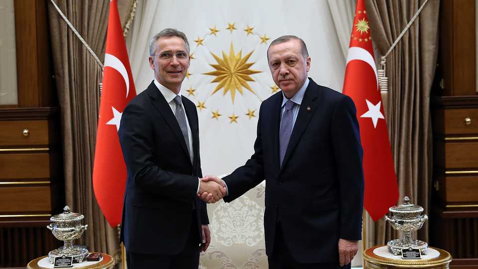 Turkish President Recep Tayyip Erdogan (R) receives North Atlantic Treaty Organization (NATO) Secretary General Jens Stoltenberg (L) at the Presidential Complex in Ankara, Turkey on April 16, 2018.