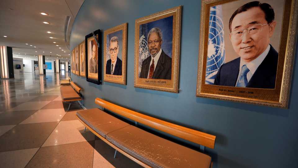 Portraits of former United Nations Secretary-Generals are seen in the empty arrivals hall at U.N. headquarters during the 75th annual U.N. General Assembly high level debate, which is being held mostly virtually due to the coronavirus disease (COVID-19) outbreak in New York, U.S., September 22, 2020.