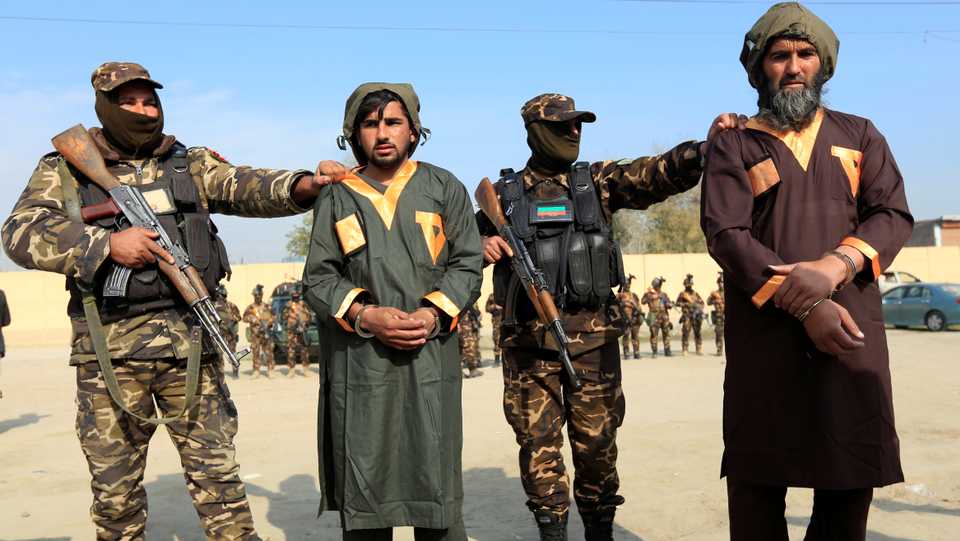 Captured Taliban insurgents are presented to the media after being detained with explosive devices in Jalalabad, Afghanistan. December 10, 2019.