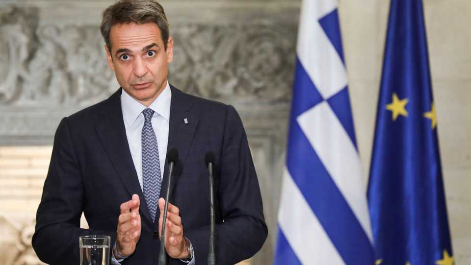 Greek Prime Minister Kyriakos Mitsotakis gestures during a news conference with European Council President Charles Michel (not pictured), in Athens, Greece, September 15, 2020.