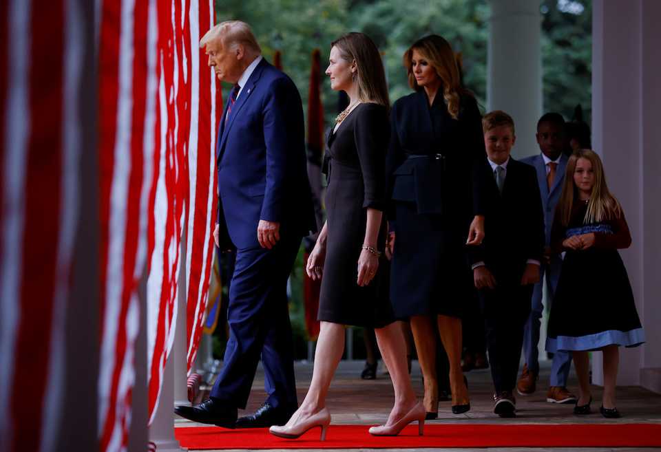 US President Donald Trump arrives to hold an event to announce his nominee of US Court of Appeals for the Seventh Circuit Judge Amy Coney Barrett to fill the Supreme Court seat left vacant by the death of Justice Ruth Bader Ginsburg, at the White House in Washington, US, September 26, 2020.