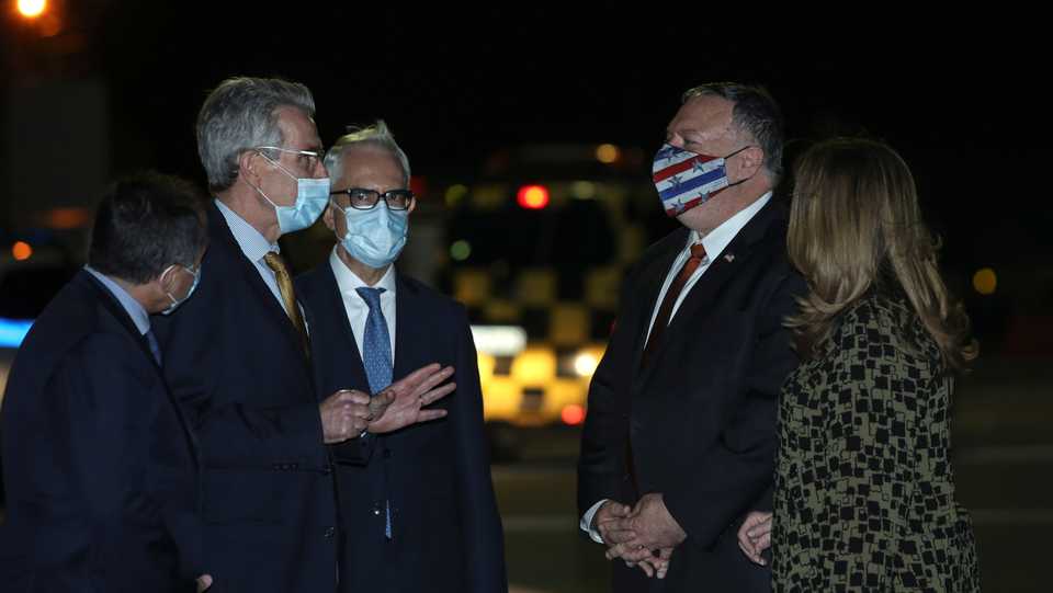 US Secretary of State Mike Pompeo and his wife are welcomed by US Ambassador to Greece Geoffrey R. Pyatt, in the northern city of Thessaloniki, Greece, September 28, 2020.