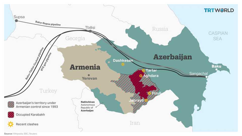 The Armenian-backed self-declared Republic of Artsakh controls the Karabakh region, which is internationally recognised as Azerbaijan's territory.