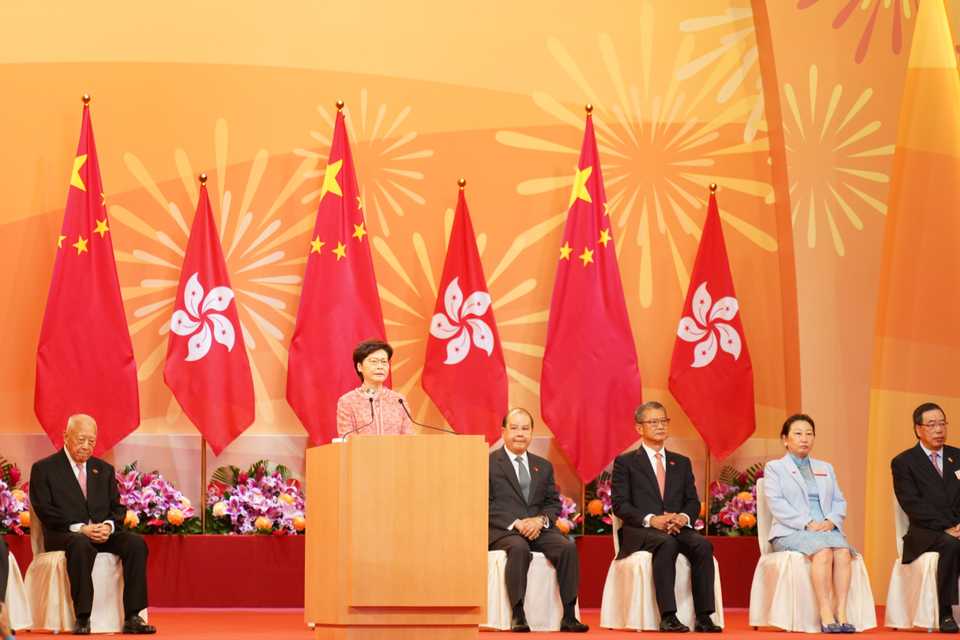 Hong Kong Chief Executive Carrie Lam speaks during a ceremony marking China’s National Day at Grand Hall in Hong Kong, China October 1, 2020.