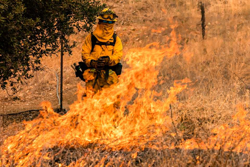 Fire Fighters watch as the edge of the fire creeps across a field towards a fire line they scrapped into the earth with hand tools as the Glass Fire continues to burn in Napa Valley, California on September 29, 2020.