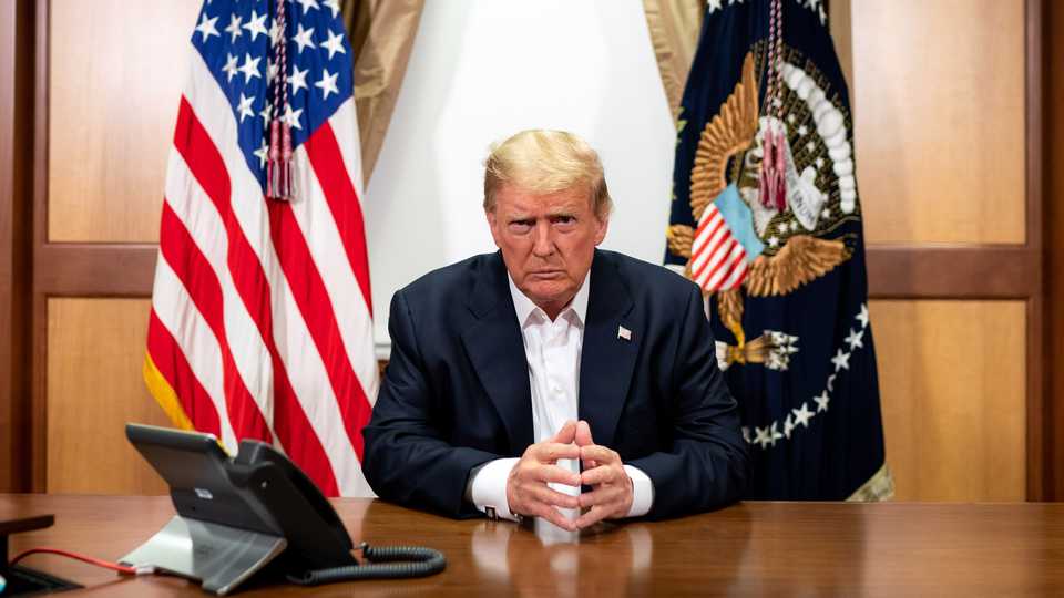 US President Donald Trump in a conference room at the Walter Reed National Military Medical Center where he is being treated for the coronavirus disease, in Bethesda, Maryland. October 5, 2020.
