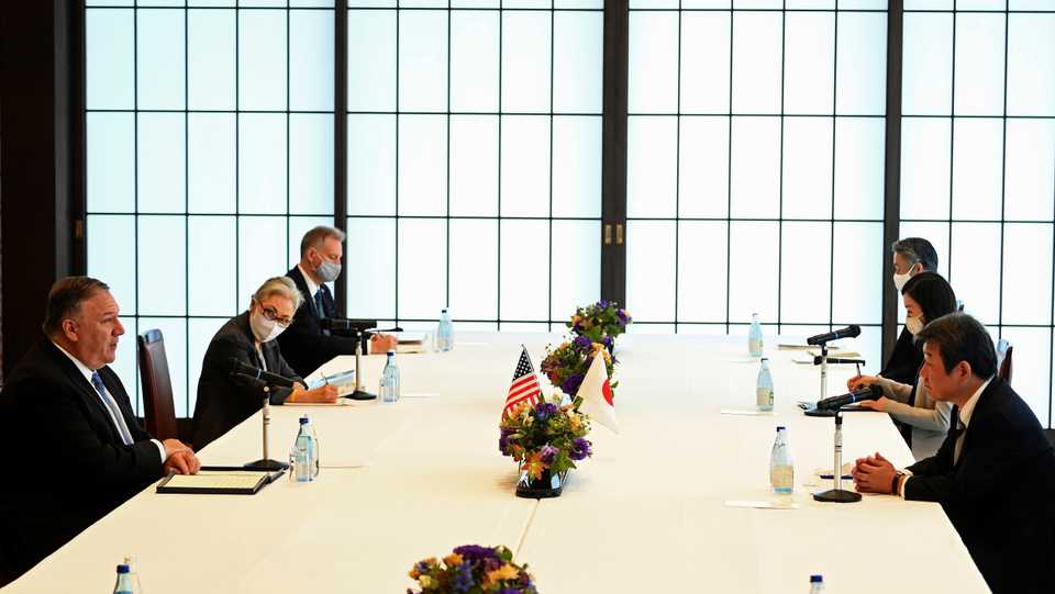 US Secretary of State Mike Pompeo attends a meeting with Japan's Foreign Minister Toshimitsu Motegi ahead of the four Indo-Pacific nations foreign ministers' meeting in Tokyo on October 6, 2020.