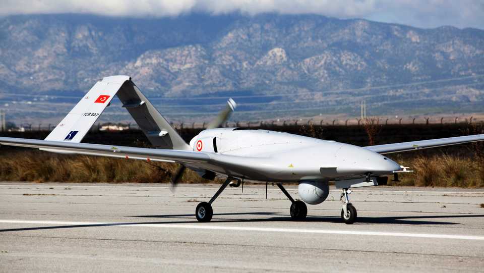 In this December 16, 2019 file photo, the Bayraktar TB2 drone can be seen at Gecitkale Airport in Famagusta, Turkish Republic of Northern Cyprus (TRNC).