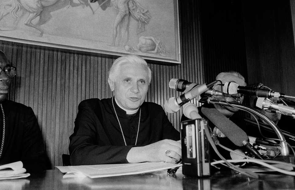 Cardinal Joseph Ratzinger, the Vatican’s chief heresy-fighter, who was also the previous pope before Pope Francis, during a news conference at the Vatican Sept. 3, 1984. Ratzinger commented on the document, released by the Vatican, which denounces Marxist-based liberation theology as a threat to Roman Catholicism.