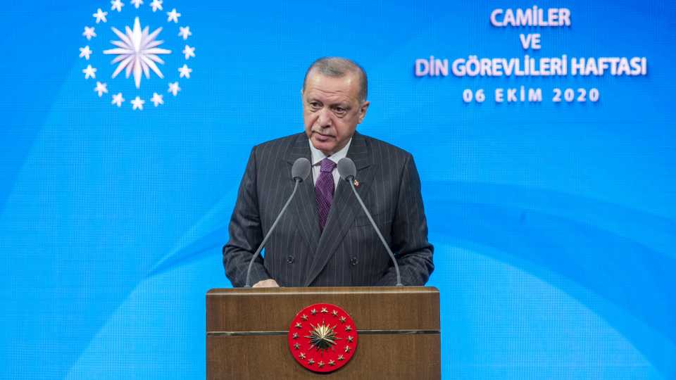 Turkish President Recep Tayyip Erdogan delivers a speech during the Mosques and Religious Workers' Week programme at the Bestepe People's Convention Center in Ankara, Turkey on October 06, 2020.