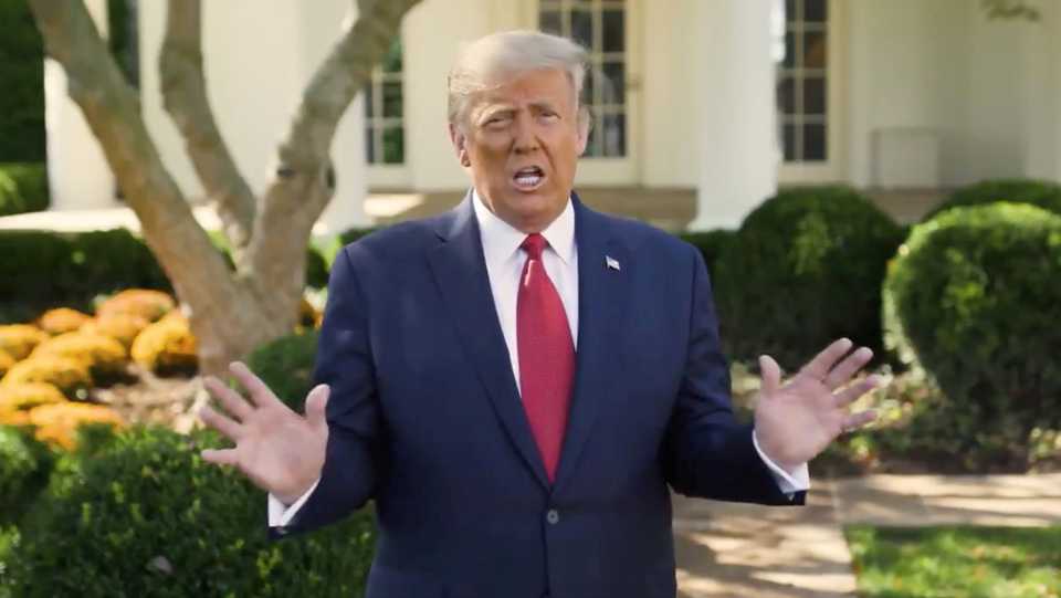 US President Donald Trump makes an announcement about his treatment for coronavirus disease in Washington in this still image taken from video, October 7, 2020.