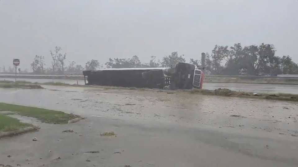 A truck flipped on its side due to winds from Hurricane Delta is seen at Lake Charles, Louisiana, US, October 9, 2020.