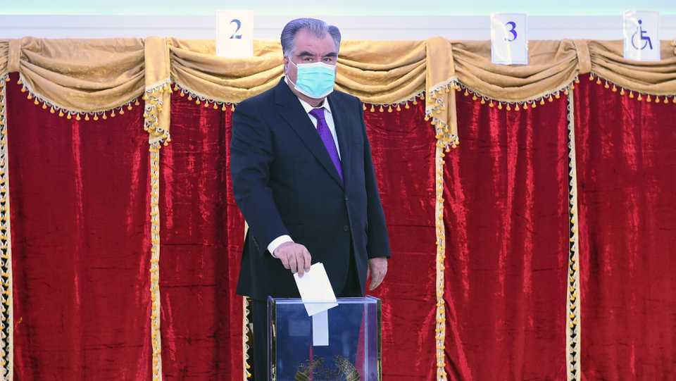 Tajikistan's President and Presidential candidate Emomali Rakhmon casts his ballot at a polling station in Dushanbe, Tajikistan October 11, 2020.
