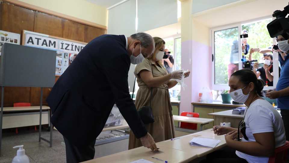 Prime Minister Ersin Tatar casts his vote during the presidential elections in Nicosia, Turkish Republic of Northern Cyprus on October 11, 2020.