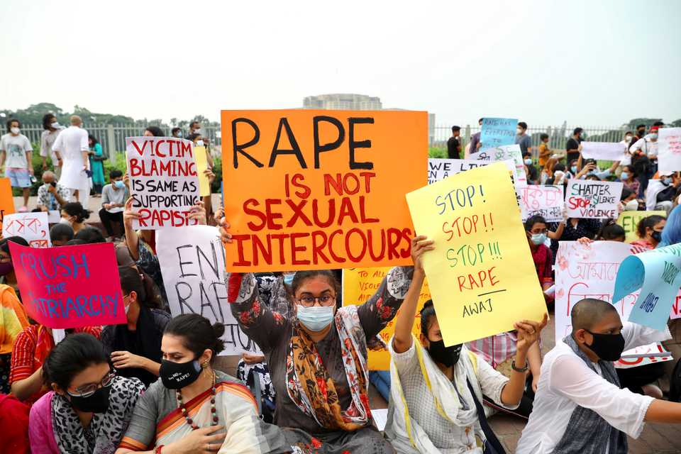 Protesters in front of the parliamentary building demand justice for the woman who was gang-raped in Noakhali, Dhaka, Bangladesh, October 10, 2020.