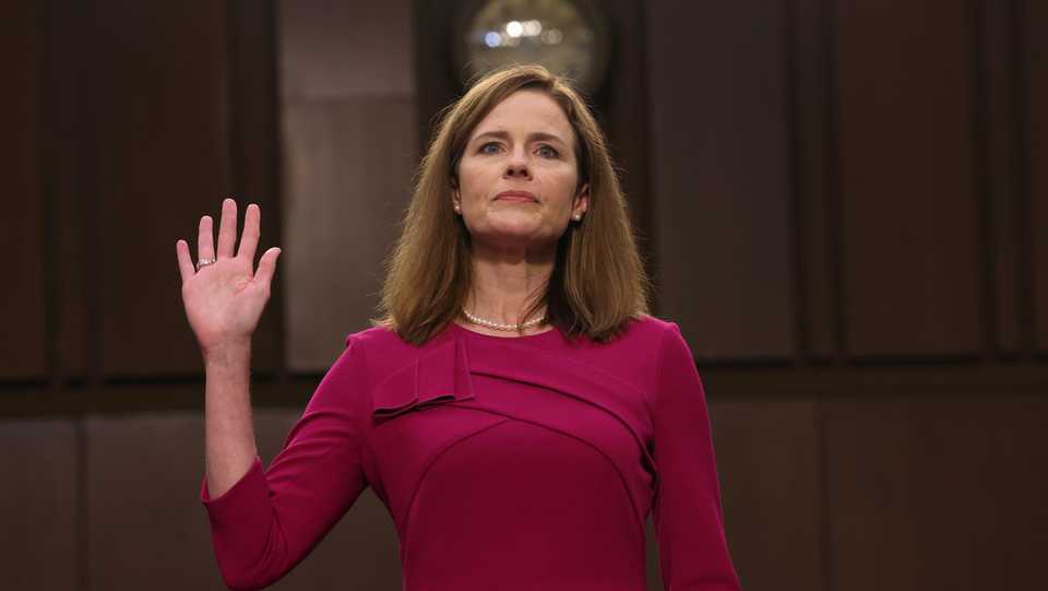 US Supreme Court nominee Amy Coney Barrett is sworn in during a confirmation hearing before the Senate Judiciary Committee on Capitol Hill in Washington, DC, US, October 12, 2020.
