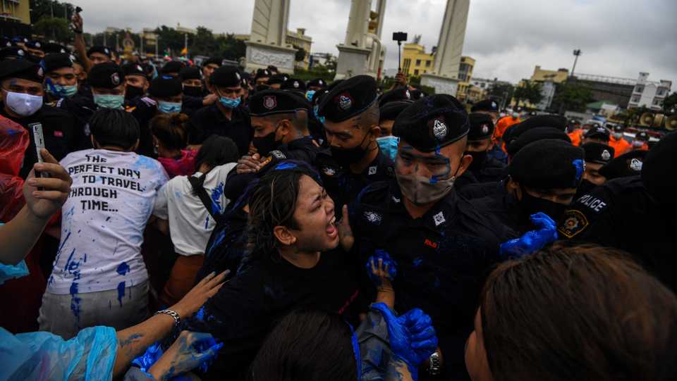 Anti-government activists during a protest against government and monarchy near the Democracy Monument in Bangkok, October 13, 2020.