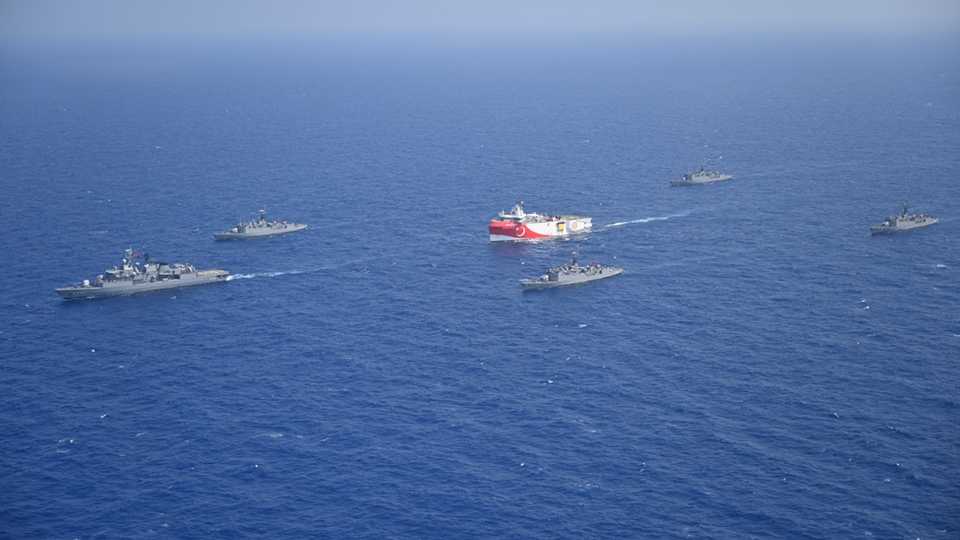 Turkish seismic research vessel Oruc Reis is escorted by Turkish Navy ships as it sets sail in the Mediterranean Sea, off Antalya, Turkey, August 10, 2020.