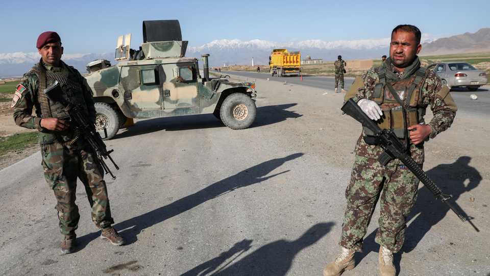 Afghan National Army at a check point near the Bagram Airbase north of Kabul, Afghanistan April 2, 2020.