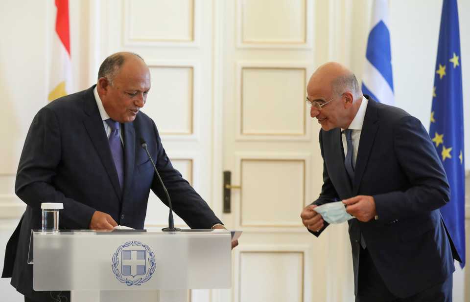 Greek Foreign Minister Nikos Dendias and his Egyptian counterpart Sameh Shoukry speaks after making a joint statement at the Foreign Ministry, in Athens, Greece September 15, 2020.