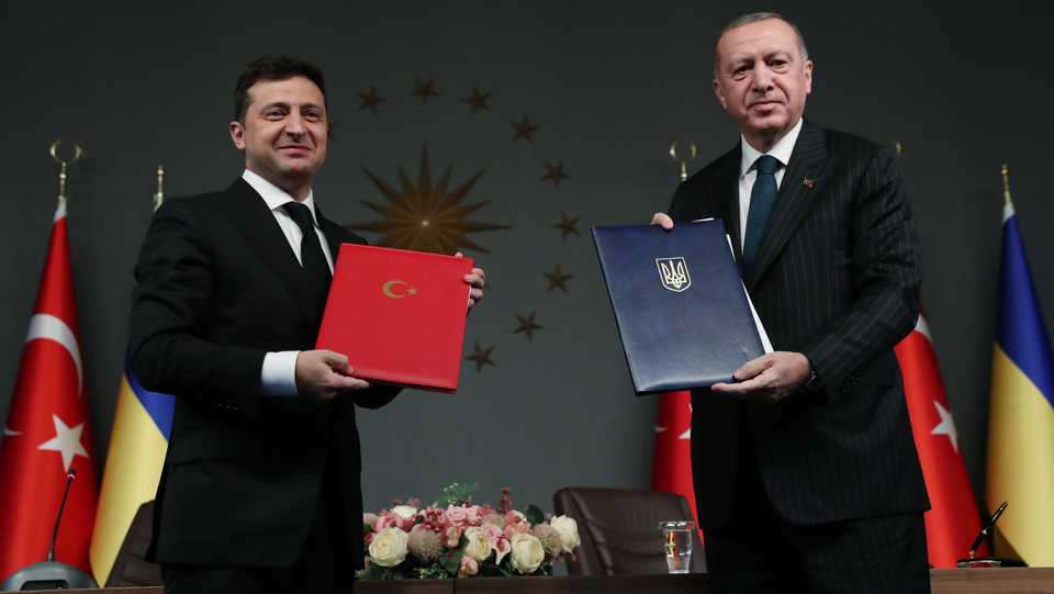 President of Turkey, Recep Tayyip Erdogan (R) and President of Ukraine, Volodymyr Zelenskiy (L), attend a signing ceremony ahead of press conference in Istanbul, Turkey on October 16, 2020.
