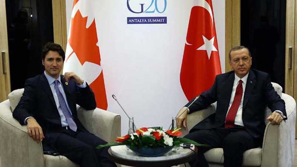 Turkish President Recep Tayyip Erdogan meets with Prime Minister Justin Trudeau at the G20 Summit in November 2015.