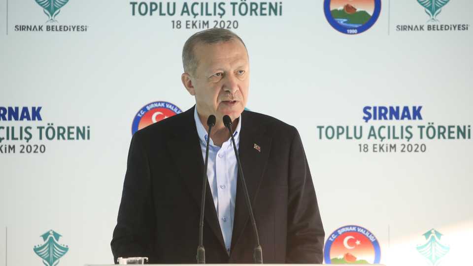 Turkey's President Recep Tayyip Erdogan speaking at Sirnak Governor's Office opening ceremony in Sirnak, Turkey, October 18, 2020.