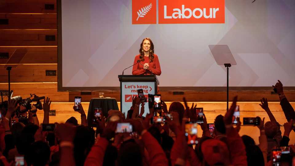 New Zealand PM Jacinda Ardern claims victory over challenger Judith Collins at the Labour Party election night event in Auckland, New Zealand, October 17, 2020.