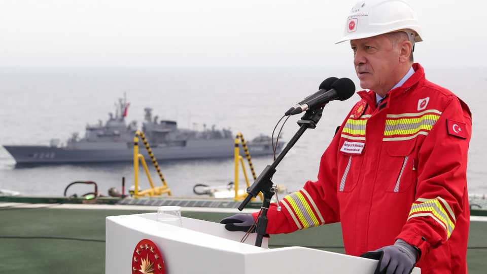 Turkish President Tayyip Erdogan speaks on the deck of the drilling vessel Fatih off the coast of the Black Sea city of Zonguldak, Turkey, October 17, 2020.