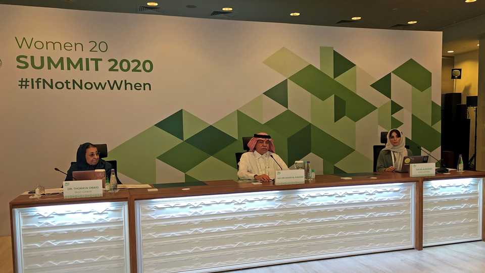 Minister of Trade and Investment Majed Al-Kassabi attends a virtual Women 20 (W20) summit to discuss a more equitable future for women, amid rights groups criticism over female detainees, in Riyadh, Saudi Arabia, October 21, 2020.