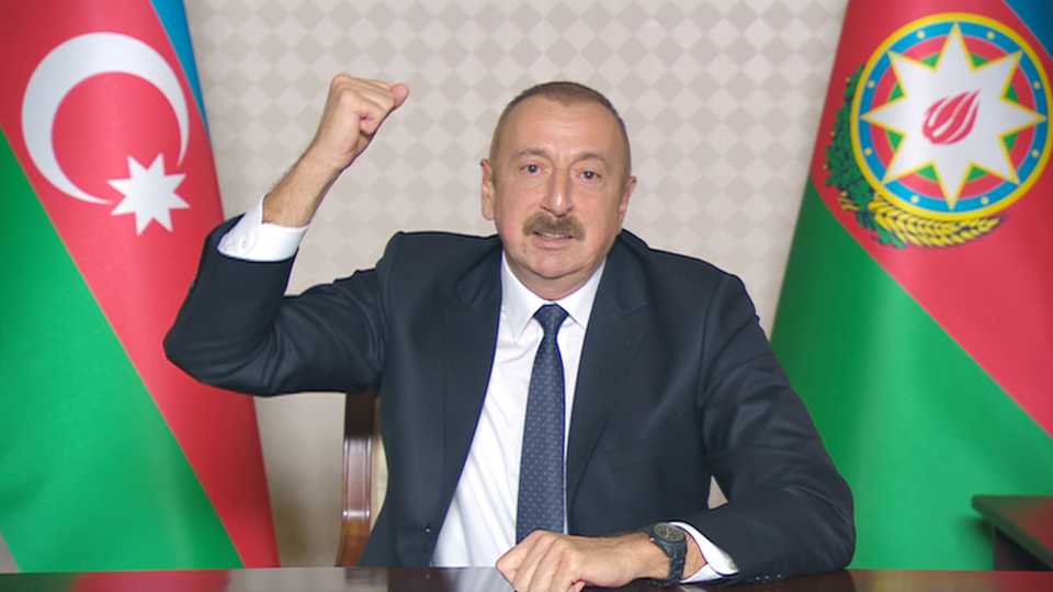 Azerbaijani President Ilham Aliyev gestures as he addresses the nation in Baku, Azerbaijan on October 20, 2020.