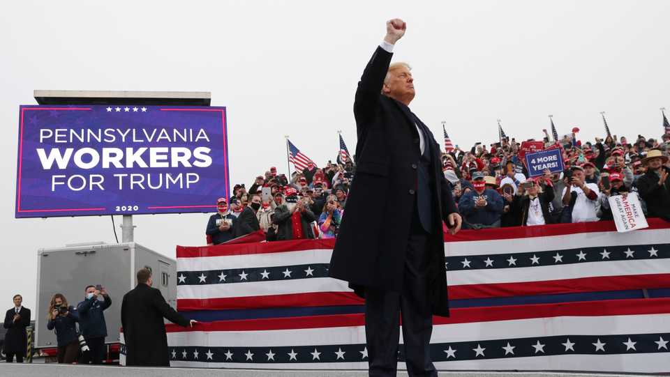 US President Trump asks enthusiastic crowds of supporters to ignore polls showing him lagging in Pennsylvania and across other battleground states.