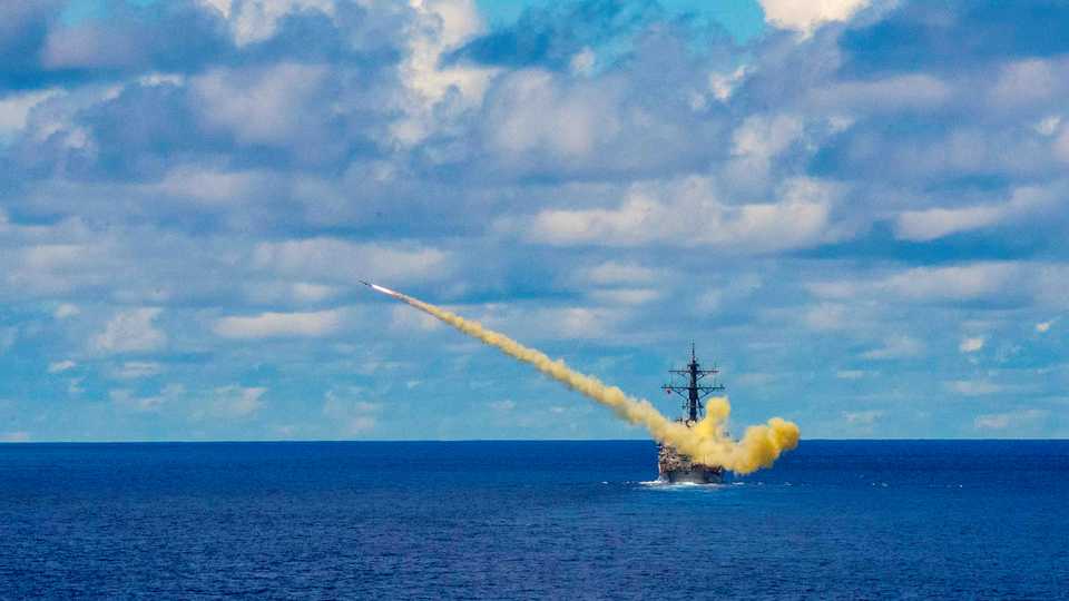 US Navy launches a harpoon surface-to-surface missile during Pacific Vanguard exercises in the Philippine Sea on May 26, 2019.