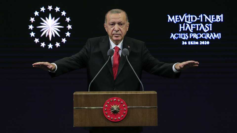 Turkish President Erdogan makes a speech as he attends the opening ceremony for events held to commemorate the birth of Prophet Muhammad at the Bestepe National Congress and Culture Center in Ankara, Turkey on October 26, 2020.