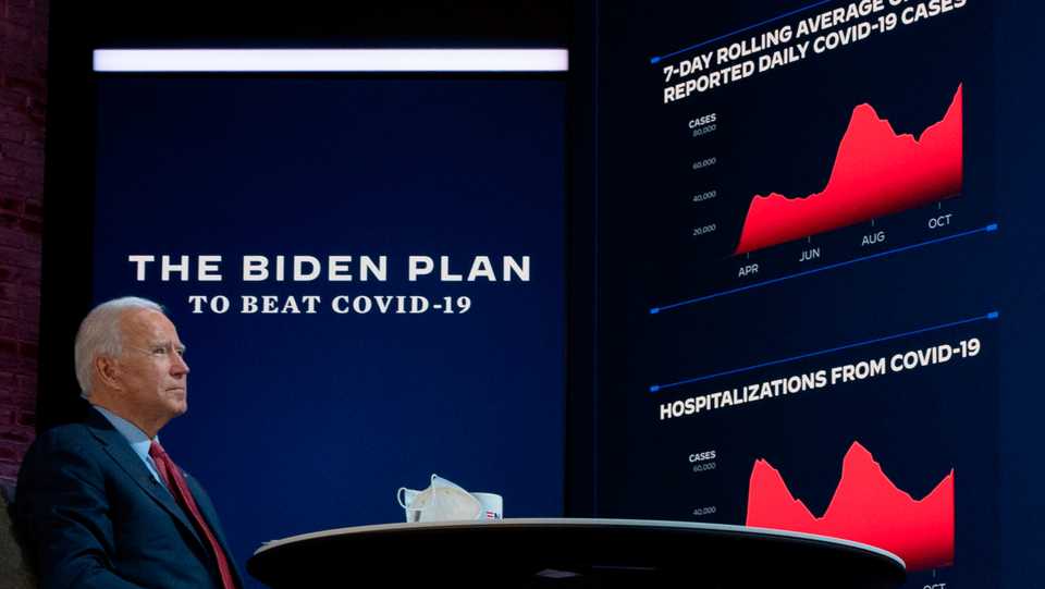 Democratic presidential candidate Joe Biden attends a briefing on Covid-19 at The Queen in Wilmington, Delaware, on October 28, 2020.