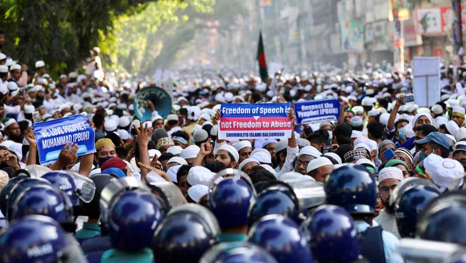 Muslims take part in a protest after Friday prayer in Dhaka, Bangladesh, October 30, 2020.