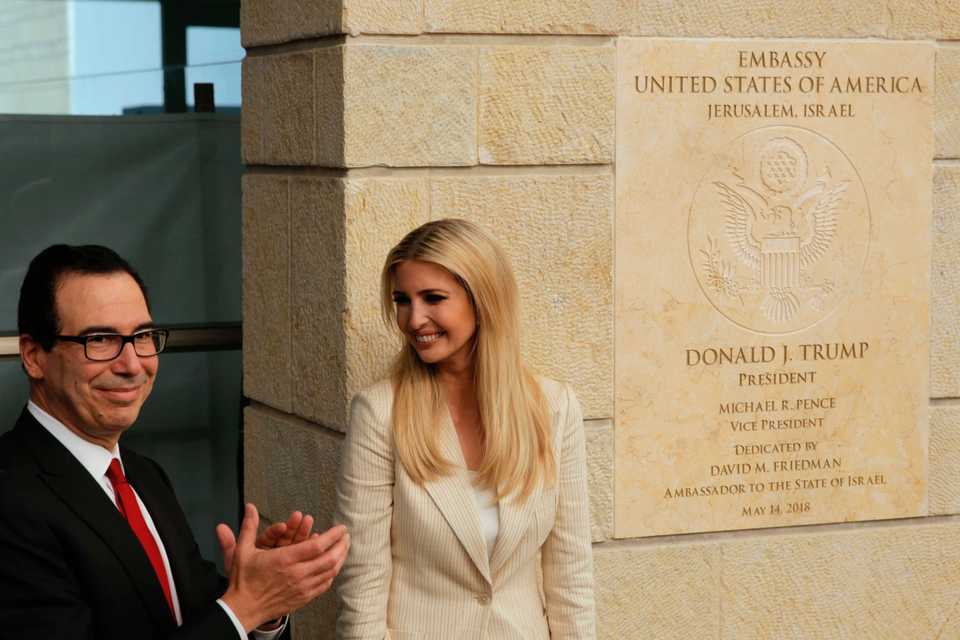 US President Donald Trump's daughter Ivanka Trump, right, and US Treasury Secretary Steve Mnuchin attend the opening ceremony of the new US embassy in Jerusalem, Monday, May 14, 2018.