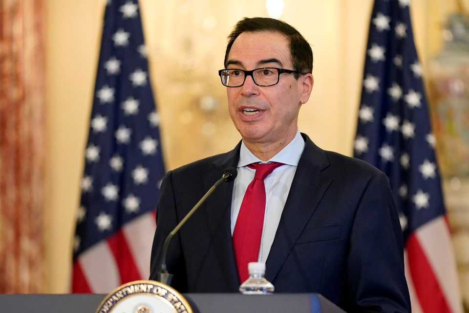 US Treasury Secretary Steve Mnuchin speaks during a news conference to announce the Trump administration's restoration of sanctions on Iran, at the US State Department in Washington, US, September 21, 2020.