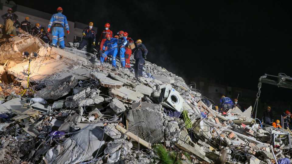 Search and rescue work continues in debris of buildings located in the Bayrakli district of Izmir, Turkey, on October 31, 2020.