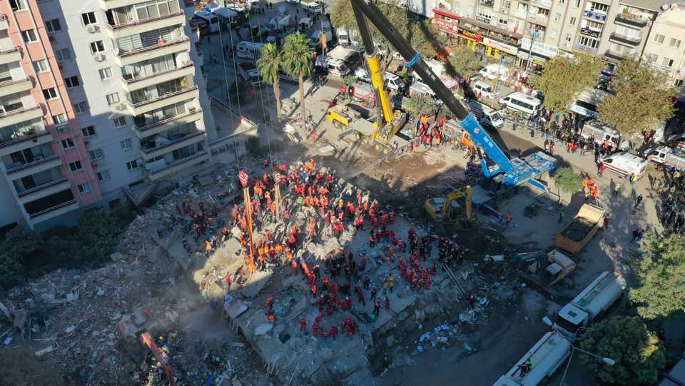 Rescue operations take place after an earthquake struck the Aegean Sea, in Bayrakli district of Turkey's coastal province of Izmir, on November 2, 2020.