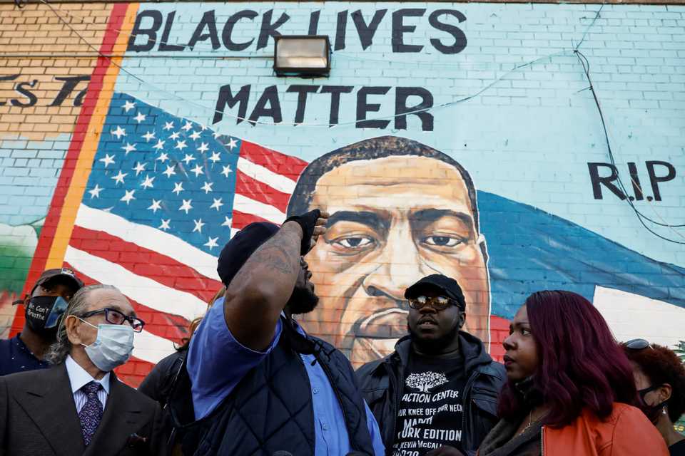 Terrence Floyd speaks during a birthday vigil in front of a mural of his brother George Floyd, who died in Minneapolis police custody, in the Brooklyn borough of New York City, U.S., October 14, 2020.