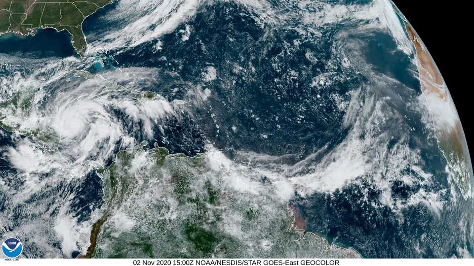 Hurricane Eta is seen churning in the Caribbean Sea toward Nicaragua in this satellite image taken November 2, 2020, over the Gulf of Mexico.