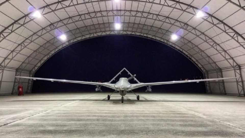 Turkish-made Bayraktar TB2 drone can be seen before a test flight in this undated photo.