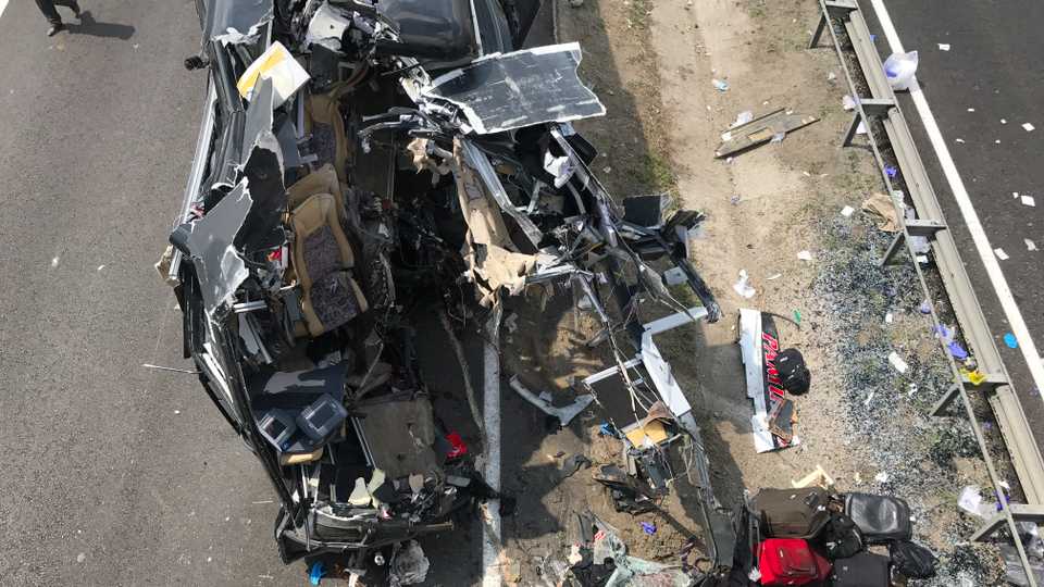 The wreckage of the bus at the accident site near Ankara, Turkey, August 24, 2017.