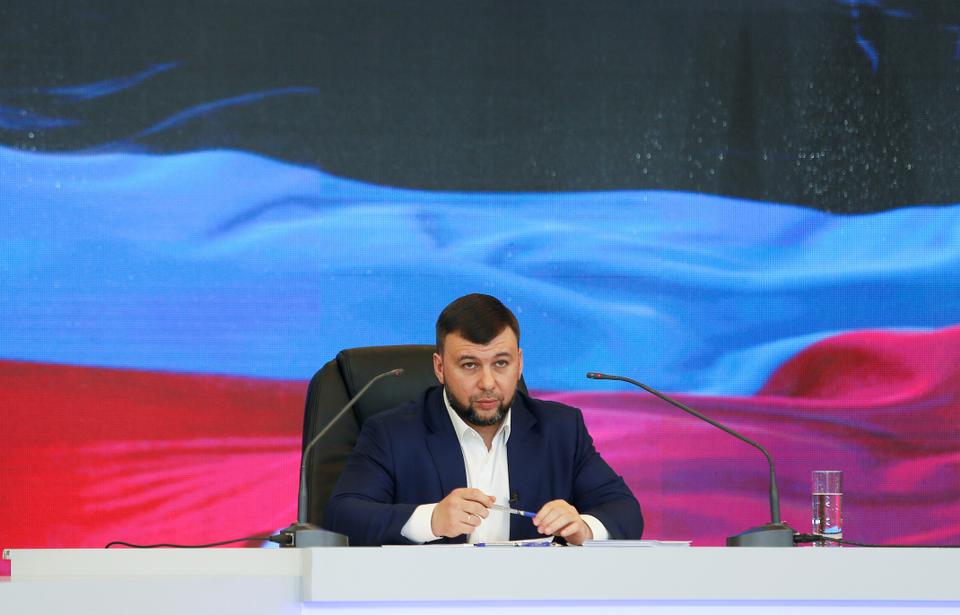 Head of the pro-Russian so-called Donetsk People's Republic Denis Pushilin attends a news conference in Donetsk, Ukraine.