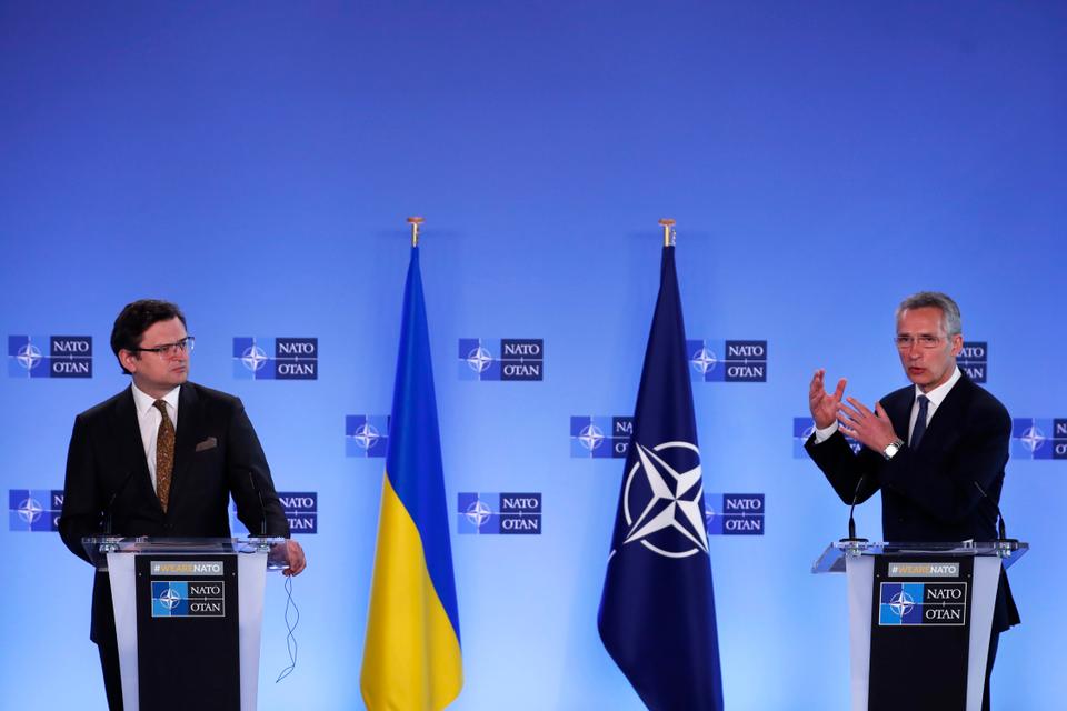 NATO Secretary General Jens Stortenberg (right) and Ukraine Foreign Minister Dmytro Kuleba are attending a media conference at NATO Headquarters in Brussels.