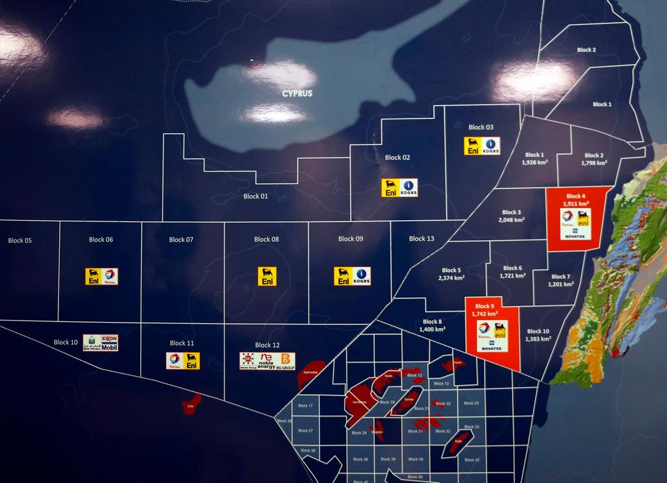 A map shows ten offshore blocks for which the Lebanese Cabinet approved licenses for three international companies to carry out exploratory drilling off the Lebanese coast, at the Energy ministry, in Beirut, Lebanon. February 1, 2018.