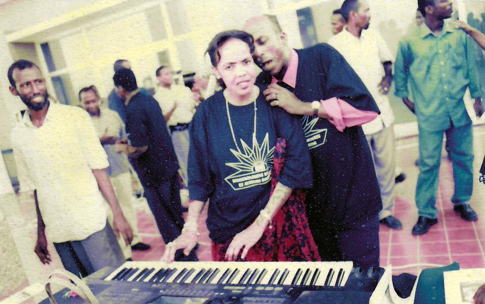 4 Mars Keyboardist and Singer Asha Hussein (centre). 4 Mars’ music reflected Djibouti's rich cultural tapestry - incorporating Egyptian and Yemeni rhythms, Sudanese music structures, Turkish synthesizers, reggae-esque Somali Dhaanto, American brass, Chinese and Mongolian flute patterns, and Somali vocals inspired by Bollywood.
