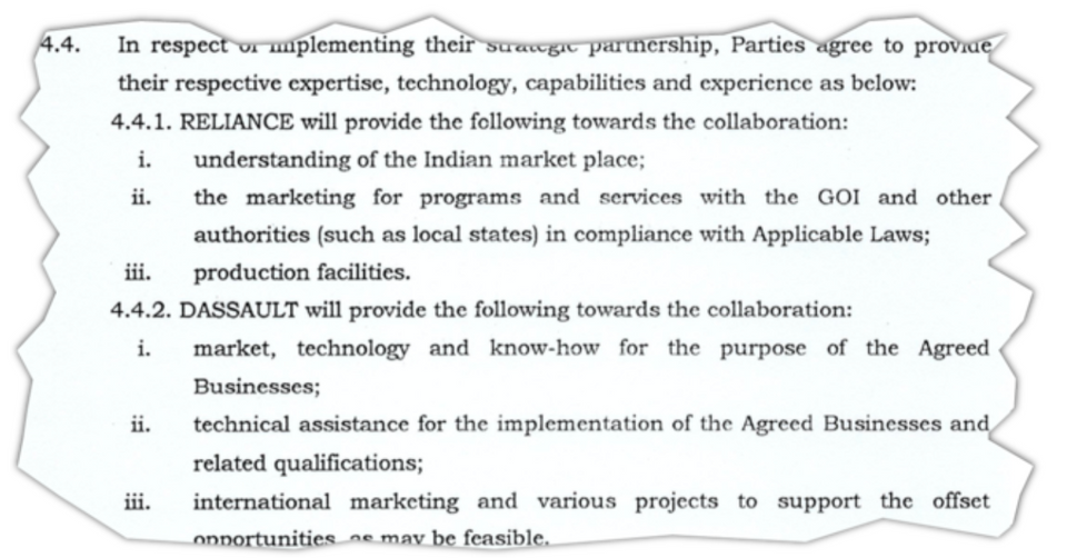 An extract from the “strategic partnership agreement” signed on November 9th 2015 between Dassault Aviation CEO Éric Trappier and Reliance group chairman Anil Ambani.